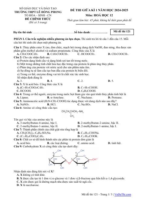 Đề thi Giữa kì 1 Hóa học 12 năm 2024-2025 trường THPT Lê Hồng Phong (Đắk Lắk)
